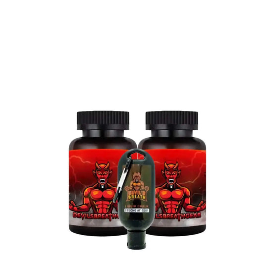 <img src="path-to-your-image.jpg" alt="Two bottles of Devil's Breath Smelling Salts and one 50ml Liquid Chalk by Kiwi-Strength, perfect for enhancing athletic performance and focus." />